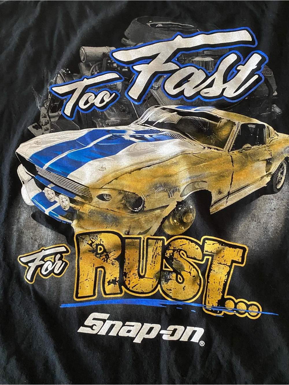 Snap Men’s Black Graphic Tee – Too Fast For Rust Size 3XL Mustang